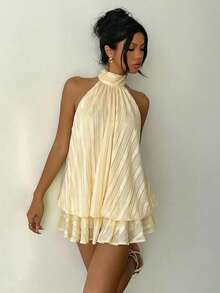 Aloruh Đầm ngắn cổ yếm màu vàng nhạt thanh lịch dành cho nữ - Màu vàng - Xem 7