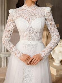 Aureia 极简白色法式刺绣蕾丝网纱拼接，立领长袖，塑身胸衣，A字裙摆，女士婚纱，正式礼服，晚礼服 - 白色 - 查看 7