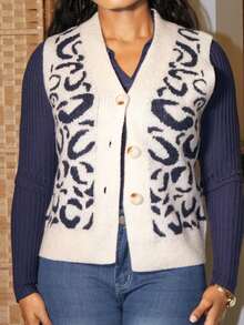Steph T 女士休闲V领单排扣豹纹针织背心，秋冬 - 彩色 - 查看 3