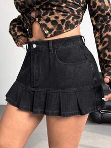 SHEIN EZwear 大码女式性感牛仔街头风迷你裙 - 深灰色 - 查看 5