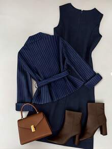 GlowEve A Two Pieces Autumn Set For Women's Elegant And Commuting Style Woven Together - Navy Blue - View 2