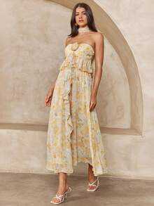 Enchnt Đầm quây in hoa thanh lịch dành cho nữ, có viền bèo nhún và dây buộc, kiểu dáng nghỉ mát, mùa hè. - Màu vàng - Xem 4