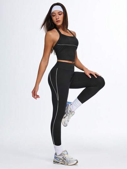  Eassivo 女士纯色无袖上衣和紧身裤运动套装 - 修身健身两件套，适合跑步、训练和瑜伽