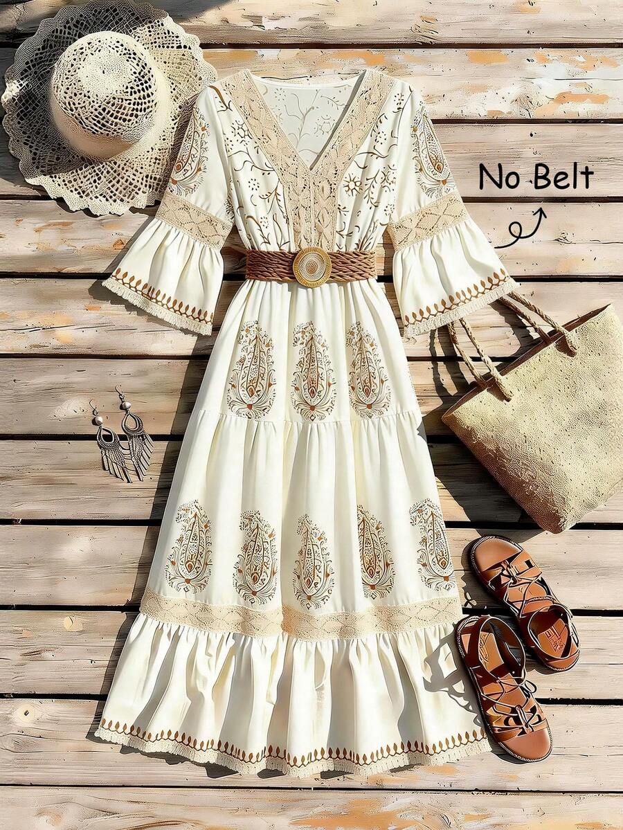 Franclia Casual Vacation Lace Patchwork V-Neck Maxi Dress - Apricot - View 1