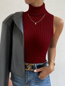 SHEIN Unity Women's Turtleneck Ribbed Fitted Versatile Knit Top, Suitable For Dates And Outings - Red - View 7