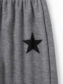 SHEIN 少女星形印花T恤和打底裤两件套，休闲日常时尚百搭 - 灰色 - 查看 7