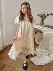 DAZY Tween Girl Jacquard Crew Neck Short Puff Sleeve Ruffle Hem Cute Dress - Beige - View 3