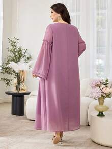 Al Najma Plus Size Solid Color Chiffon Double Layer Long Sleeve Lace Trim Casual Turkish Maxi Dress - Mauve Purple - View 2