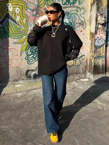 Muchica Women's New 2 In 1 Round Neck Loose Long Sleeve T-Shirt - Black - View 5