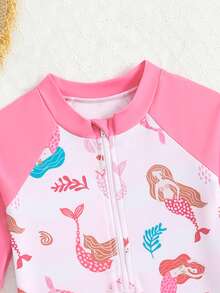 女婴/女童新款长袖连体泳衣，随机印花 - 粉色 - 查看 3