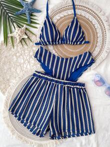 SHEIN 3pcs/Set Bohemian Style Crochet Fabric Drawstring Bikini Set With Cover Up For Teen Girls - Multicolor - View 5