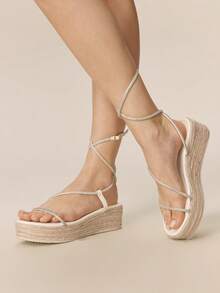 Styleloop Ladies Fashion Solid Color Woven Casual Platform Wedge Sandals, Rhinestones Decorated Bohemian Vacation Vintage Vespa Canvas Wedge Heel Ankle Strap Sandals, Spring Summer Shoes Spring Break Easter Summer Shoes - White 3 - View 2