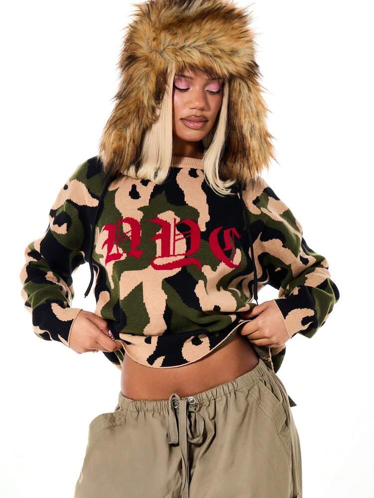 SUMWON WOMEN Oversized Camo Print Crew Neck Sweatshirt