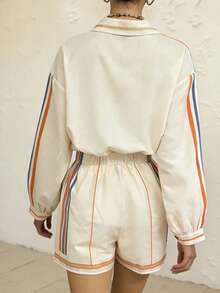 Balvessa Women's Striped Print Loose Shirt + Matching Shorts 2 Pieces Set - Beige - View 2