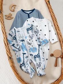 3pcs/Set Newborn Infant Romper Cute Cartoon Giraffe Zebra Striped Star Print Long Sleeve Footie Pajamas Baby Boys Girls Sleepwear Set - Multicolor - View 8