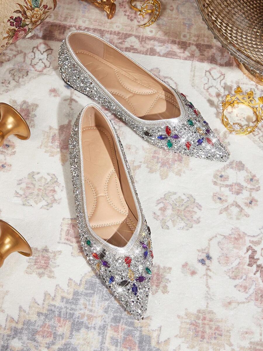 CUCCOO TILAWA Spring And Autumn 2026 Women's New Luxury Shining Rhinestone Decorated Flats, Elegant Pointed Ballet Flats, Comfortable Versatile Shiny Fashion Outdoor Flats, Suitable For Parties, Weddings And Banquets, Valentine's Day Gifts - Silver 2 - View 1