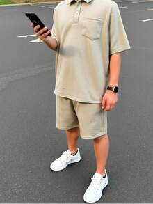 SHEIN 2件套青少年男童宽松纯色翻领短袖polo衫和短裤套装，休闲装，适合通勤、上学、日常、运动，春夏皆宜 - 卡其色 - 查看 5