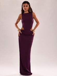 SHEIN BAE 女士性感纯色露背无袖连衣裙，夏季 - 紫色 - 查看 2