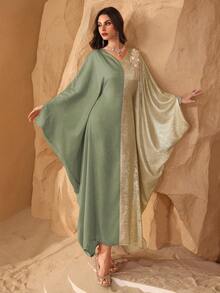 Al Najma Elegant Dubai/Turkish Style Batwing Sleeve Patchwork Jacquard Robe, Slimming - Green - View 6