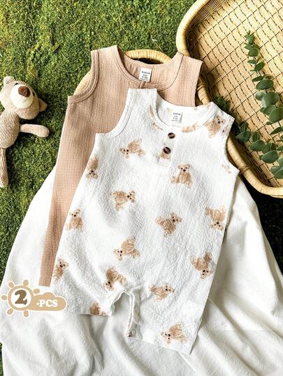 SHEIN Vintaside Kids 2pcs Baby Boy Cartoon Pattern Solid Color Crew Neck Sleeveless Romper & Shorts Set