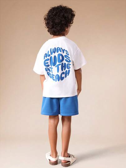  SUMWON Oversized Boys Short Sleeve Crew Neck T-Shirt And Drawstring Shorts Co-Ord Set With "Always Ends At The Beach" Text Print Casual