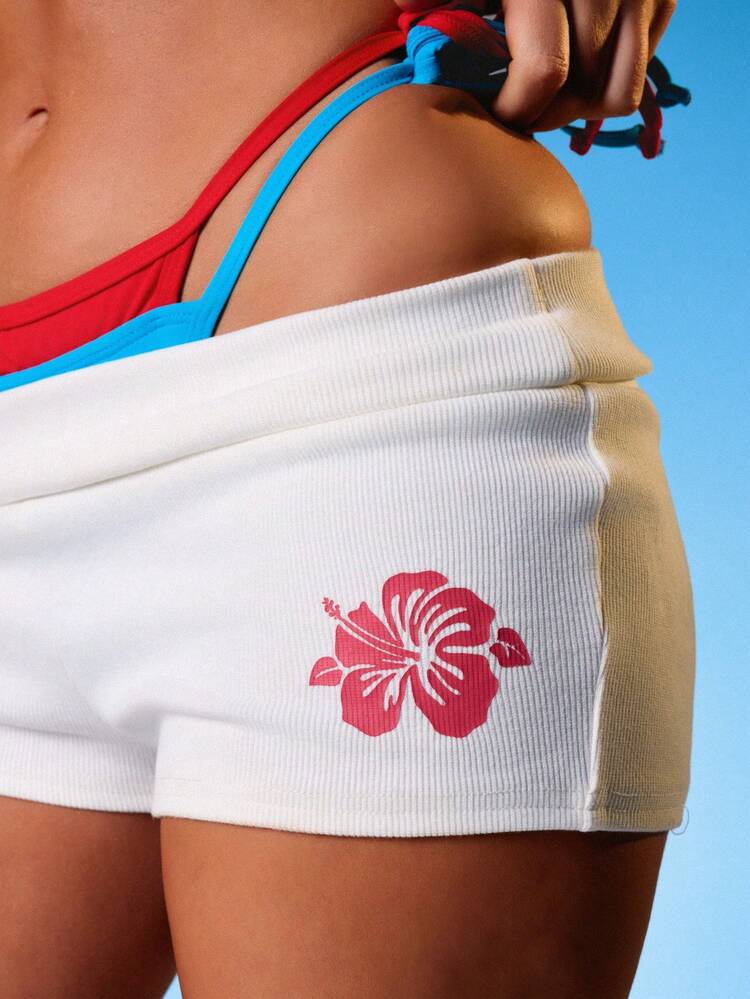 MISSGUIDED White Ribbed Mini Shorts With Tropical Hibiscus Floral Print Summer Beach Resort Vacation Wear