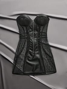 EmpressEnvy 女士性感连体衣，带拉链、拼接、PU材质、反光，迷人的细肩带设计，显瘦连体衣，黑色，朋克俱乐部派对、音乐节装扮，细肩带连衣裙，可外穿 - 黑色 - 查看 6