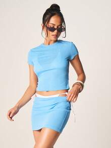 MISSGUIDED Two Piece Outfit Set Sky Blue Cropped Short Sleeve T-Shirt With Matching Bodycon Mini Skirt Summer Coordinated Set - Baby Blue - View 1