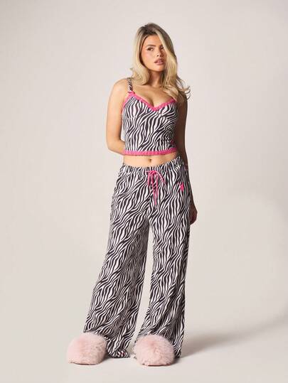Missguided x Playboy Zebra Print Pajama Set With Pink Lace Trim Cami Top And Wide Leg Pants Sleepwear Loungewear