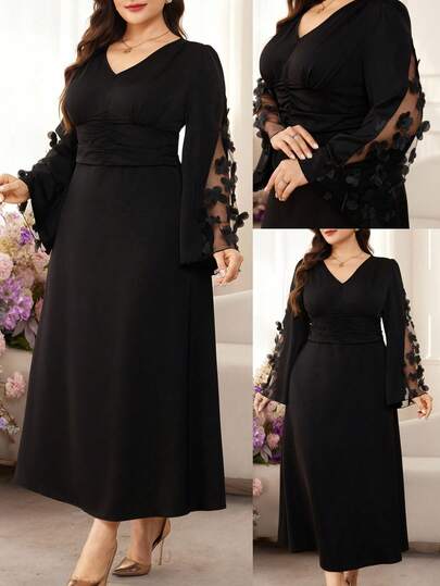 Modelyn Plus Size Women Patchwork Cutout Elegant V-Neck Flare Sleeve Dress