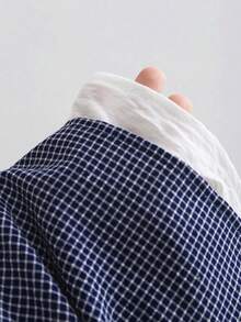 Sweetra Blusa de mujer con diseño de cuadros, escote en V, parche de encaje, mangas cortas y bajo con volantes, en estilo romántico y de moda, para primavera/verano - Azul y blanco - Ver 4