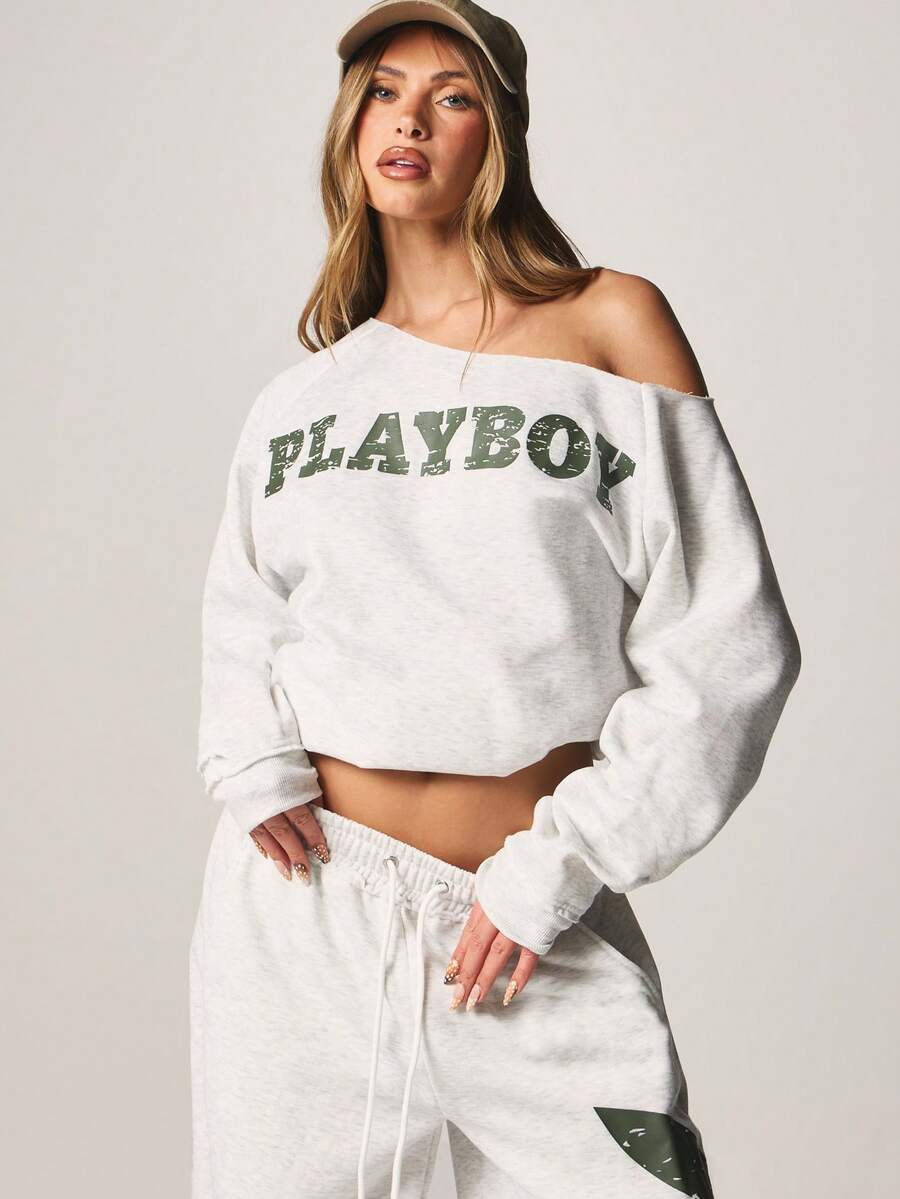 Missguided x Playboy Off Shoulder Logo Graphic Pullover Sweatshirt Casual Oversized Long Sleeve Crop Top Fall Winter Comfort - Light Grey - View 1