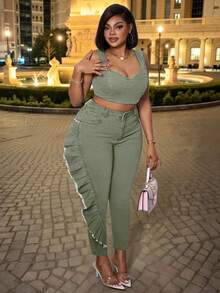 Slaydiva Quần jean skinny cạp cao có túi, gấu quần xếp ly dành cho nữ cỡ lớn - xanh quân đội - Xem 8