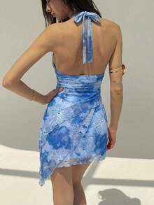 Aloruh 女士休闲碎花露背吊带迷你连衣裙，夏季假日 - 藍色 - 查看 2