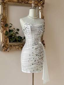 Lovelzi Elegant Luxurious White Mesh Strapless Bodice With Boning, Asymmetric Waistline, Draped Ruffle Skirt, Suitable For Dates, Vacations, Singles Parties, Weddings, Afternoon Tea, Bridal Shower Dress - White - View 7