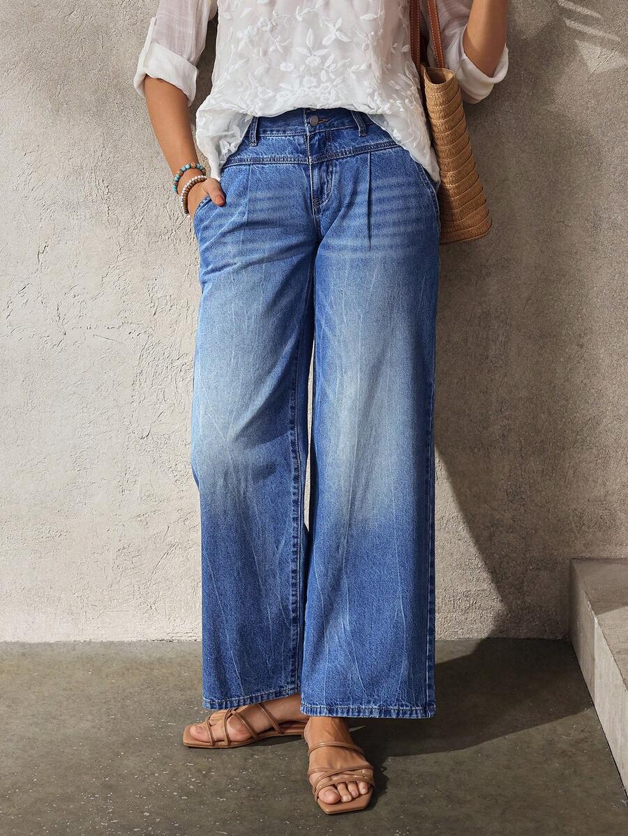 EMERY ROSE 女士休闲日常通勤百搭水洗宽松阔腿牛仔裤 - 藍色 - 查看 1