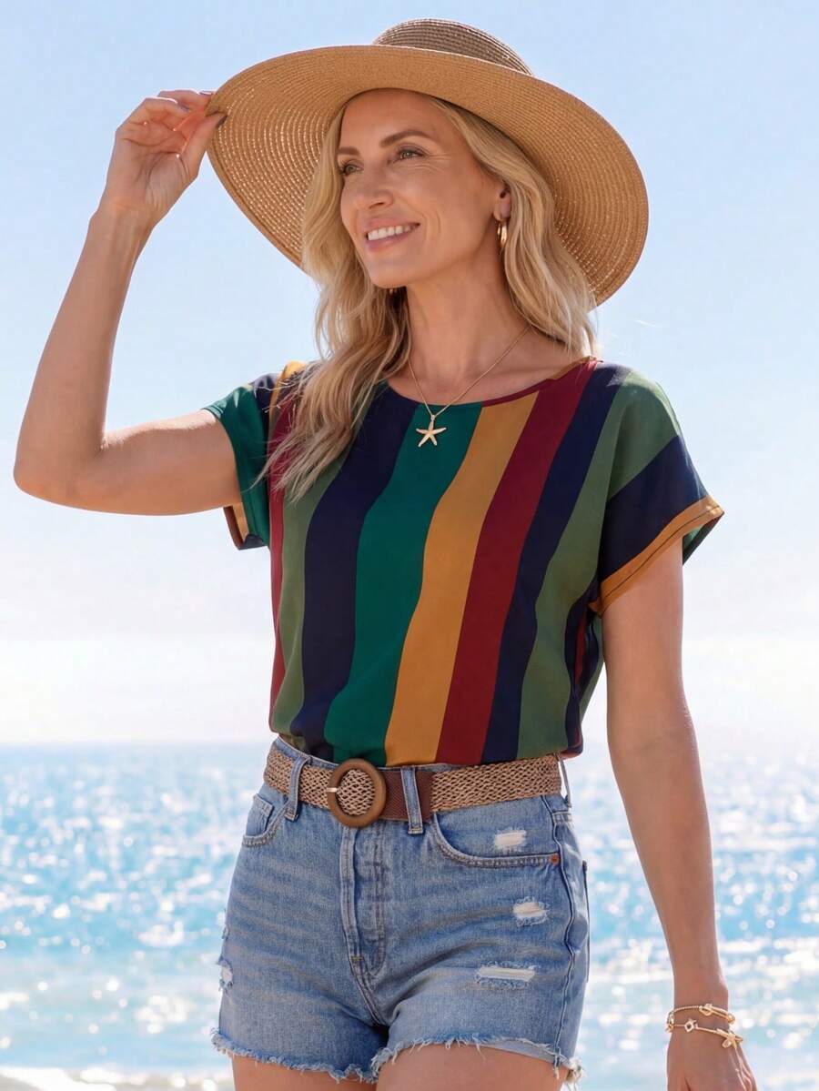 SHEIN LUNE Batwing Sleeve Colourblock Top - Dark Green - View 1