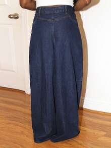 Steph T Women's Letter Print Pocket Wide Leg Loose Casual Jeans - Dark Wash - View 6