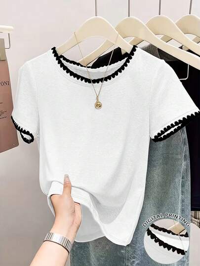 Camiseta casual de mujer con cuello redondo y ribete de contraste