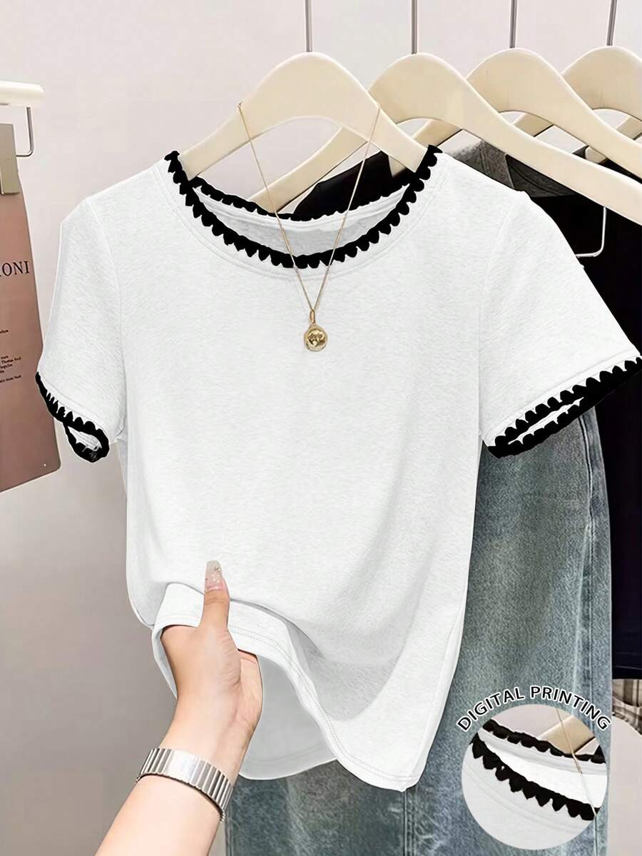 女士休闲撞色滚边圆领T恤 - 彩色 - 查看 1