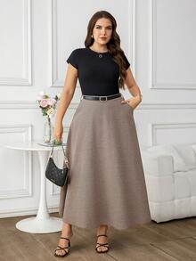 Ellevyn Plus Size Women A-Line Brown Plaid Woolen Skirt, Waist Cinched Slimming Elegant Everyday & Commute Skirt Summer Holiday Spring Break Valentine's Day Carnival Costume Birthday For Women Elegant Vacation Holiday - Brown - View 4