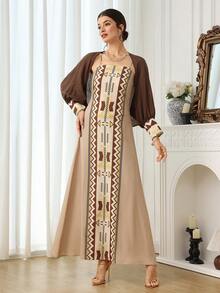 Al Najma Women's Geometric Print Camisole Dress And Shawl Cardigan Set, Vacation Style, Spring/Autumn - Brown - View 1