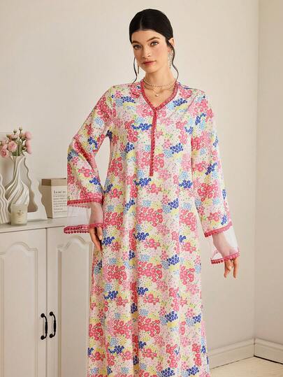 Al Najma 女士优雅印花V领阿拉伯风格连衣裙