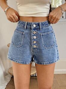 Rivivi Shorts vaqueros de talle alto con bolsillos y botones, versátiles para uso diario - Azul - Ver 1