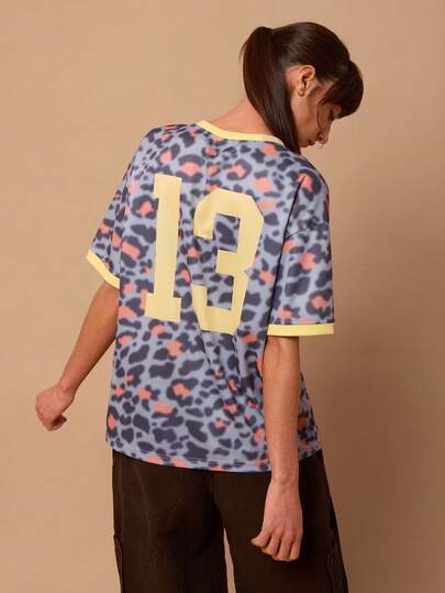 SURIMA Camiseta de mujer de verano casual y deportiva con estampado de leopardo y cuello en V con números