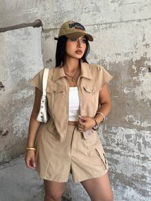 POPSWAY 大码女式休闲夏季拉链外套和工装短裤两件套 - 杏色 - 查看 2