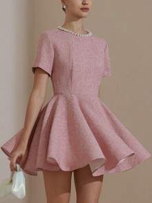 Revavyn Elegante abito mini da donna con collo rotondo, vita stretta e orlo ampio, decorato con cristalli, ispirato all'aristocrazia francese - Rosa - Visualizzare 5