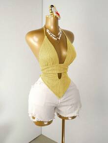 Mistrie 夏季性感纯色镂空深V领吊带背心，绿色文胸，蕾丝，露肤，打结 - 黃色 - 查看 4