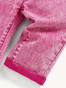 Cozy Pixies Baby Girl Summer Boho Cute Ruffle Waist Baggy Soft Denim Jeans Pants With Rolled Up Hem - Pink - View 3