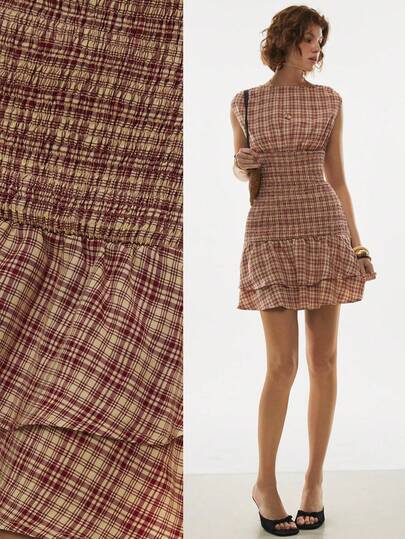 Poéselle 女士格子褶皱荷叶边下摆优雅收腰鸡尾酒会连衣裙